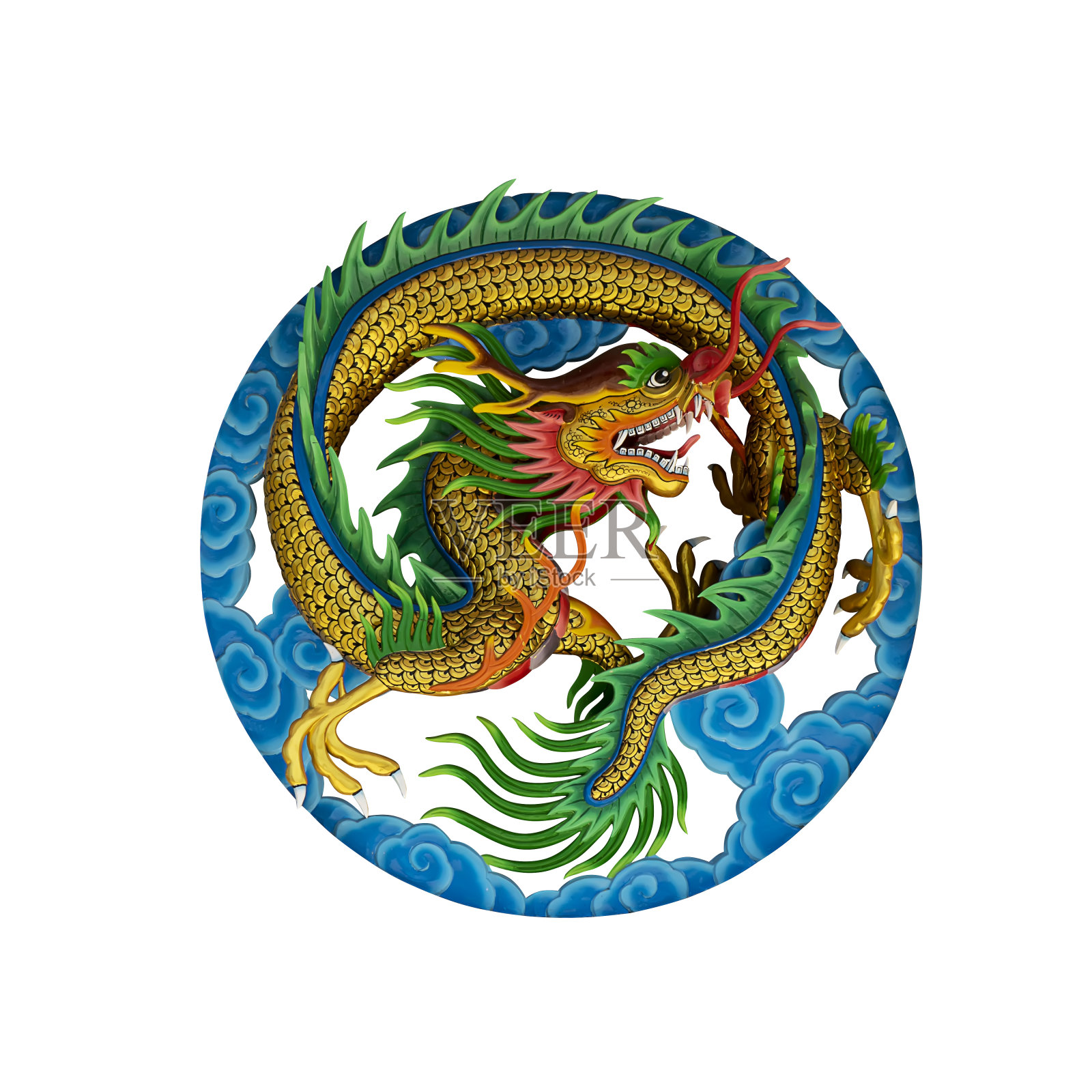 白色背景上带剪切路径的龙雕像照片摄影图片