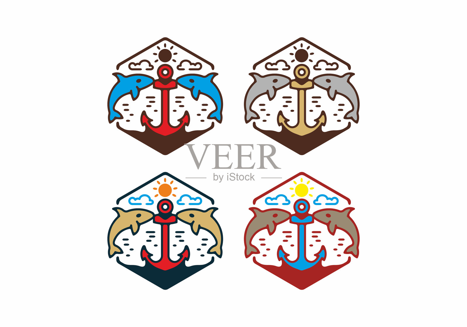 彩色锚和鲨鱼徽章插画图片素材