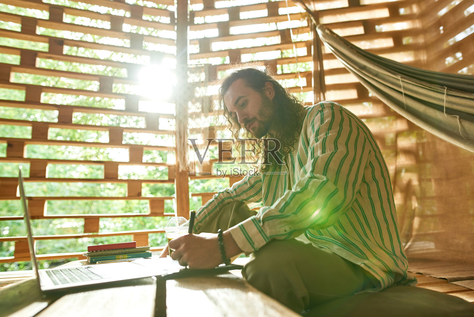 一个男人在阳光下创造一幅新画的侧视图照片摄影图片