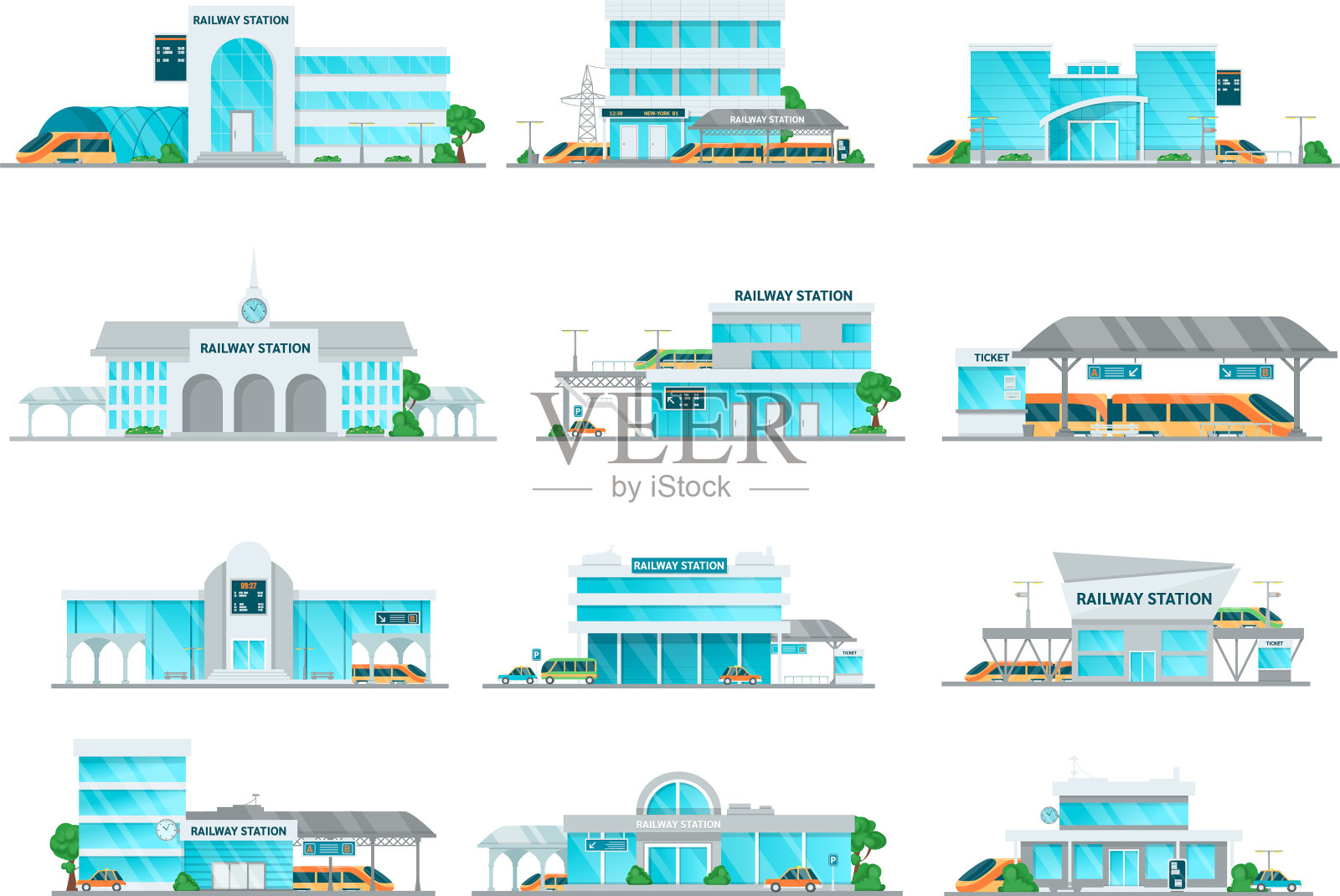 卡通火车站建筑集图标素材