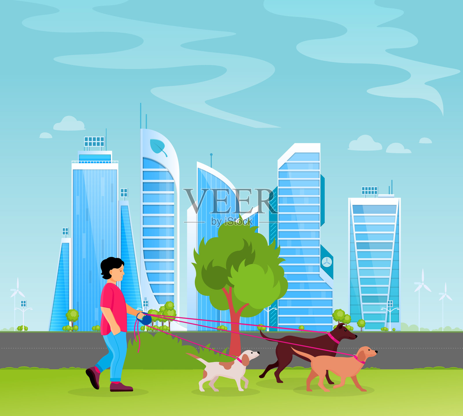 男孩在城市公园遛狗插画图片素材