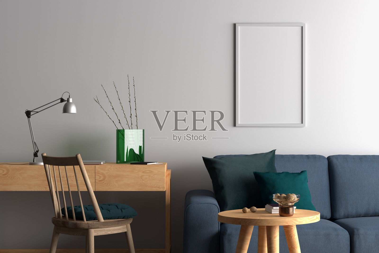 垂直的海报框架模拟在白色的墙上。照片摄影图片