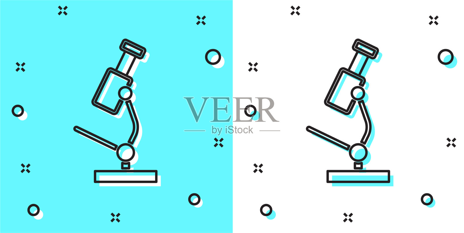 黑色线显微镜图标孤立在绿色和插画图片素材