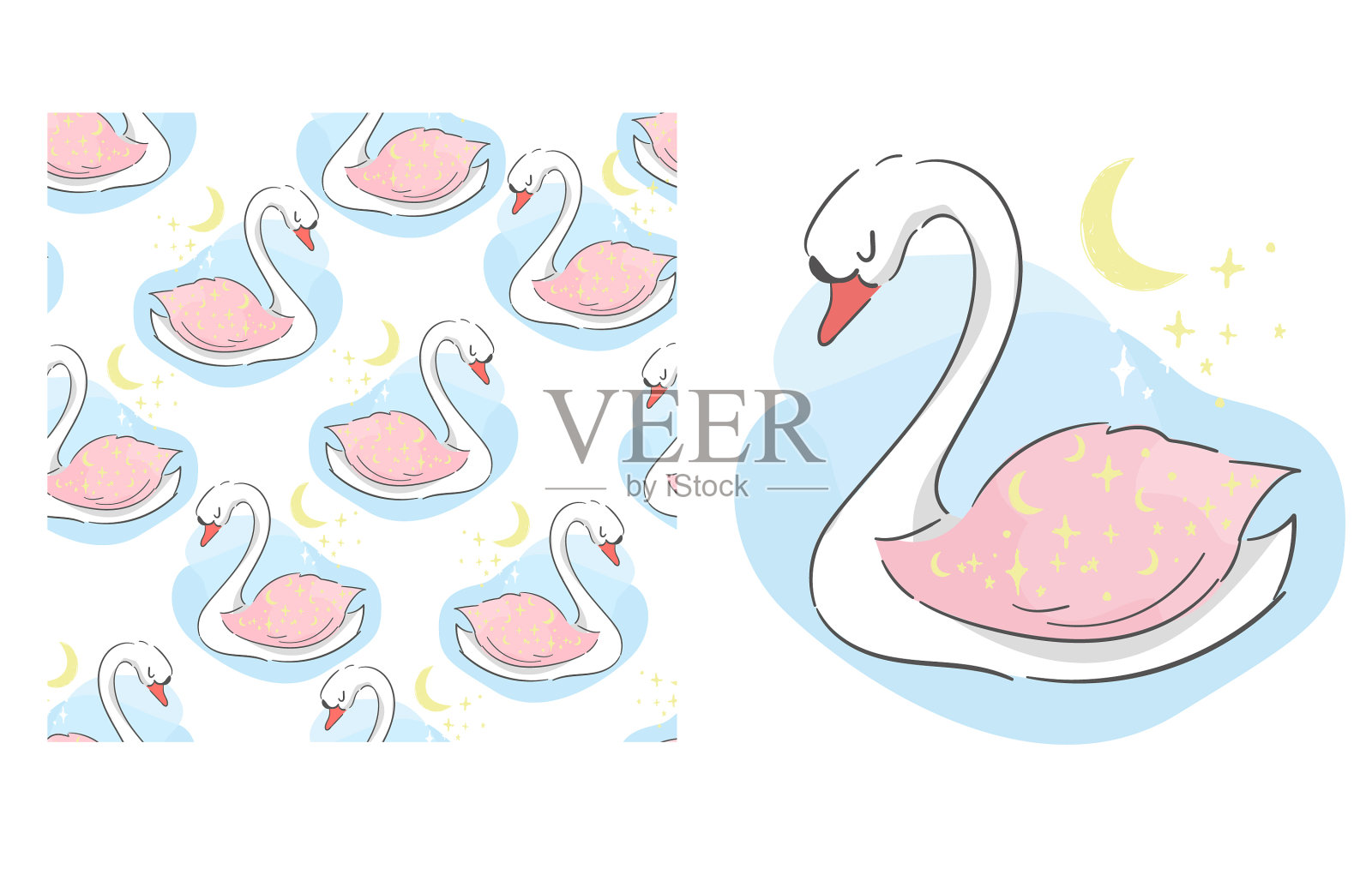 天鹅仙子无缝图案手插画图片素材