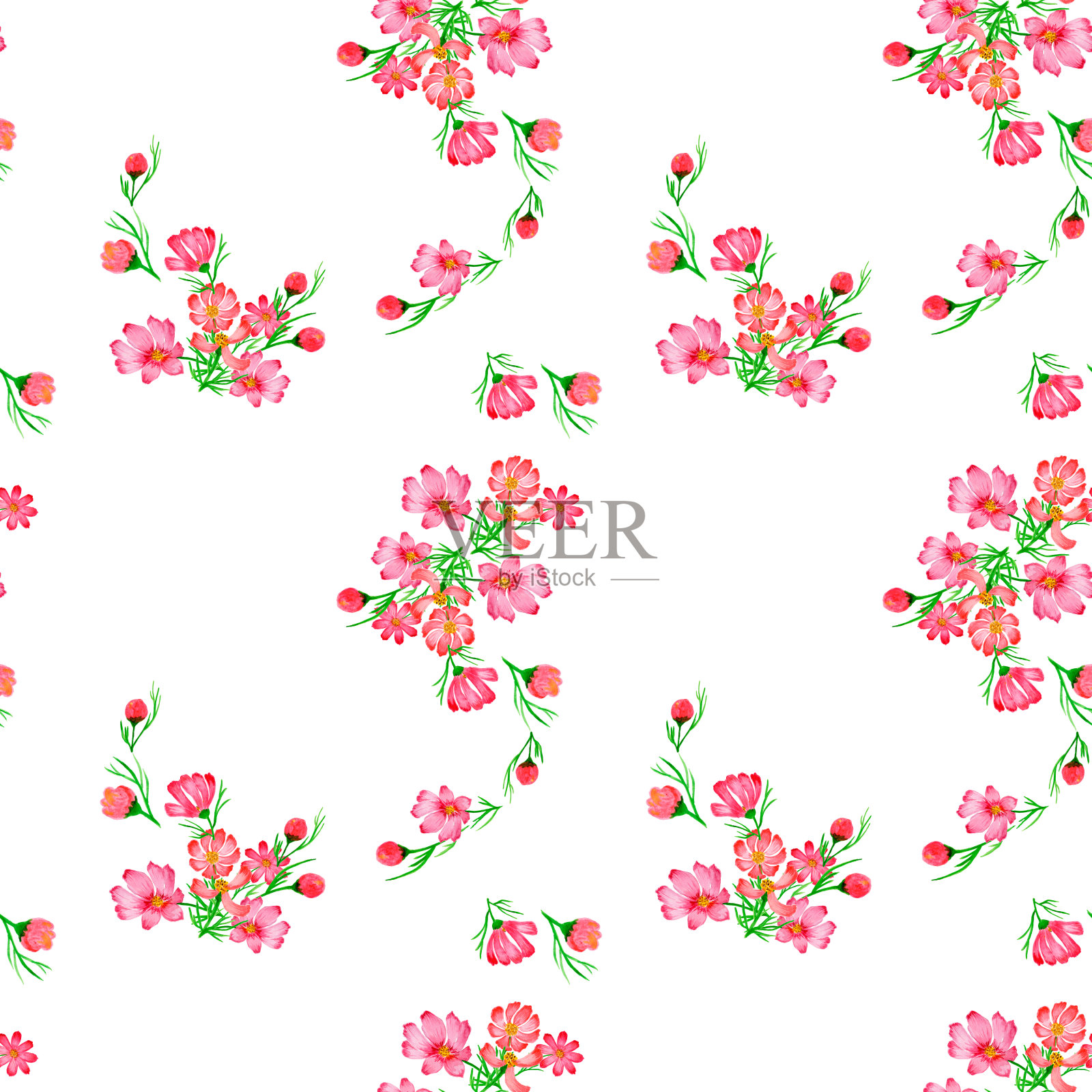 水彩无缝纸简单的野花。水彩花卉无缝图案，水彩粉色、棕色、灰色，简单的花卉元素，手绘，手绘。白色花卉点缀。插画图片素材