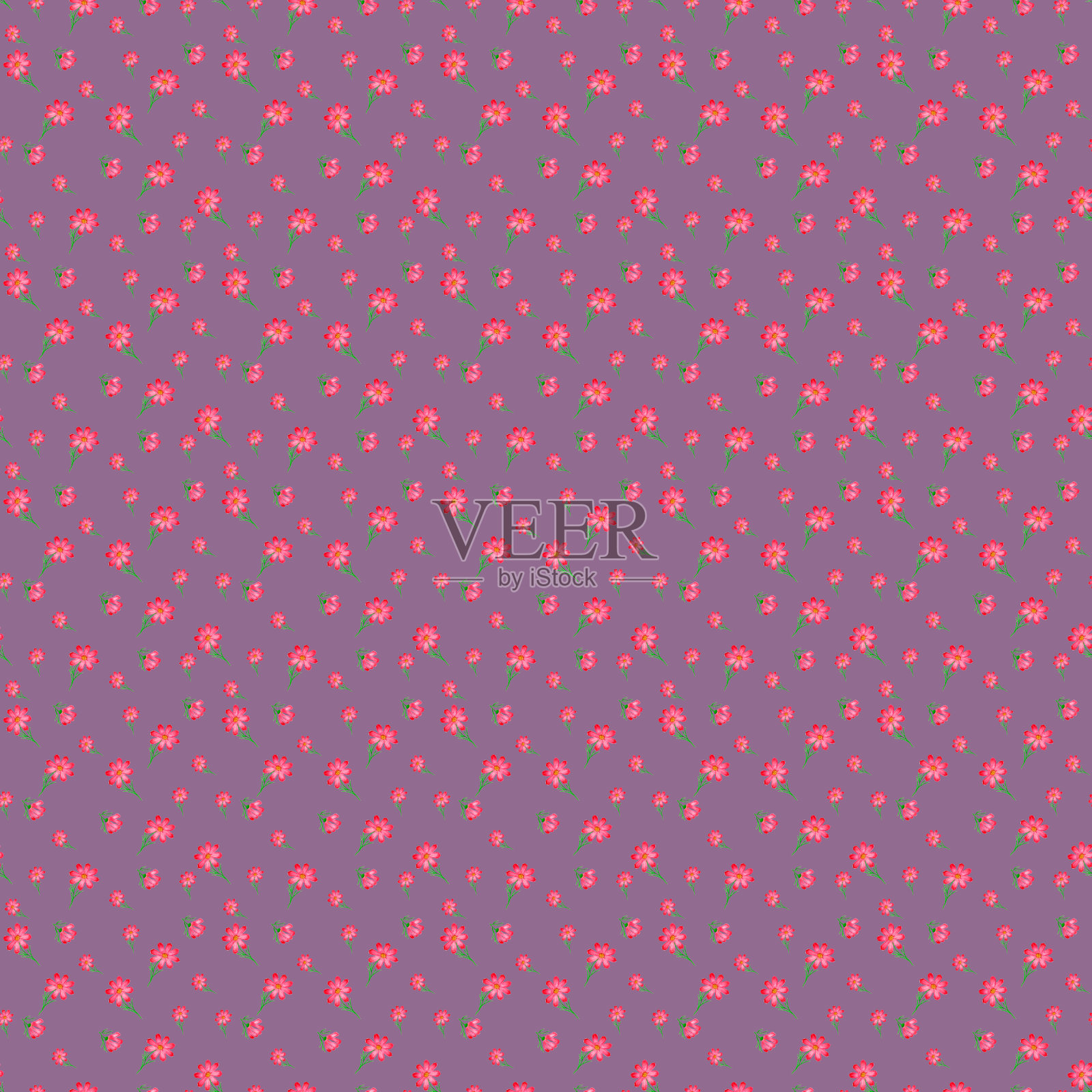 水彩无缝纸简单的野花。水彩花卉无缝图案，水彩粉色、棕色、灰色，简单的花卉元素，手绘，手绘。白色花卉点缀。插画图片素材