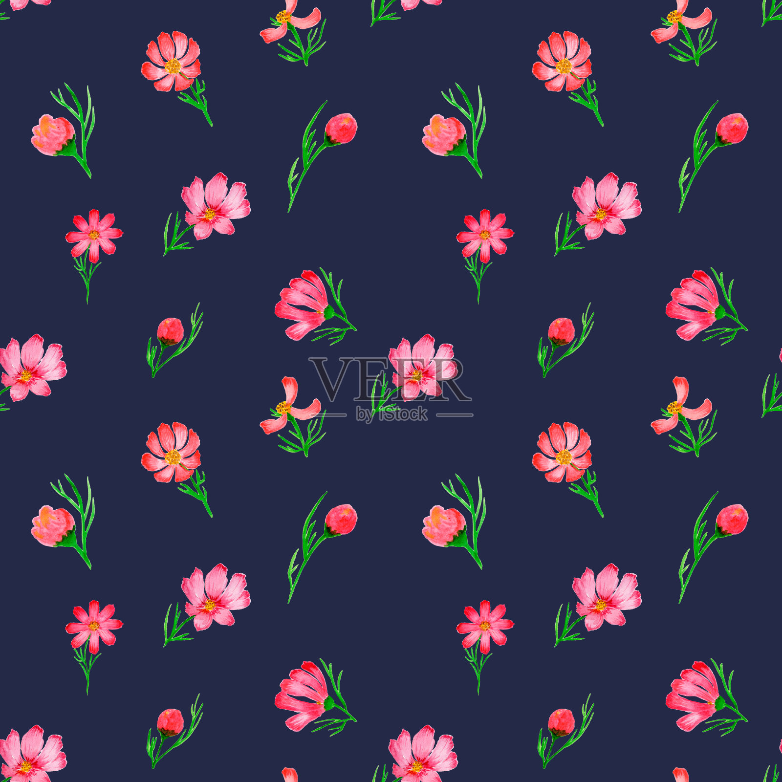 水彩无缝纸简单的野花。水彩花卉无缝图案，水彩粉色、棕色、灰色，简单的花卉元素，手绘，手绘。白色花卉点缀。插画图片素材