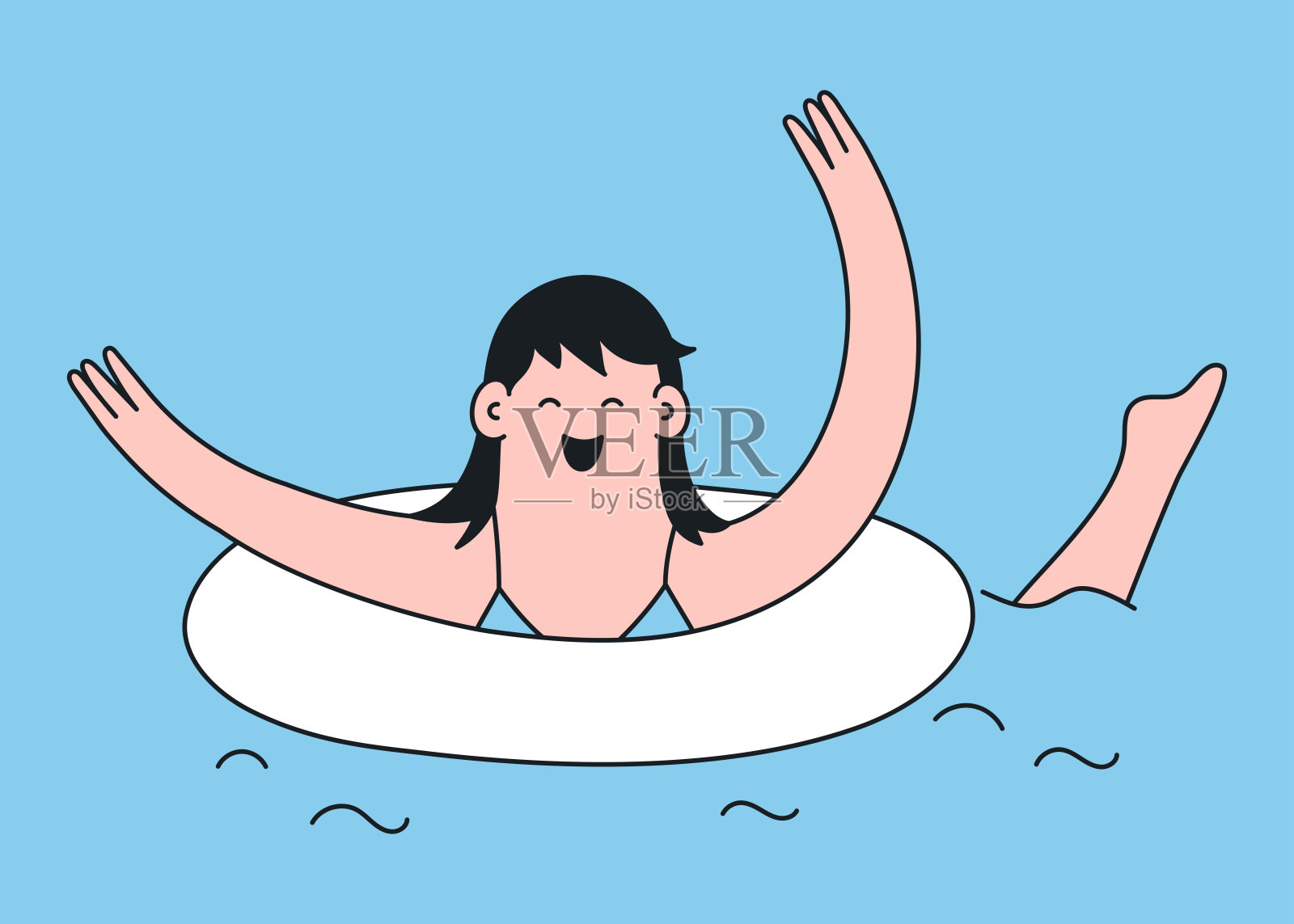 一个可爱有趣的卡通女孩在充气环中游泳插画图片素材