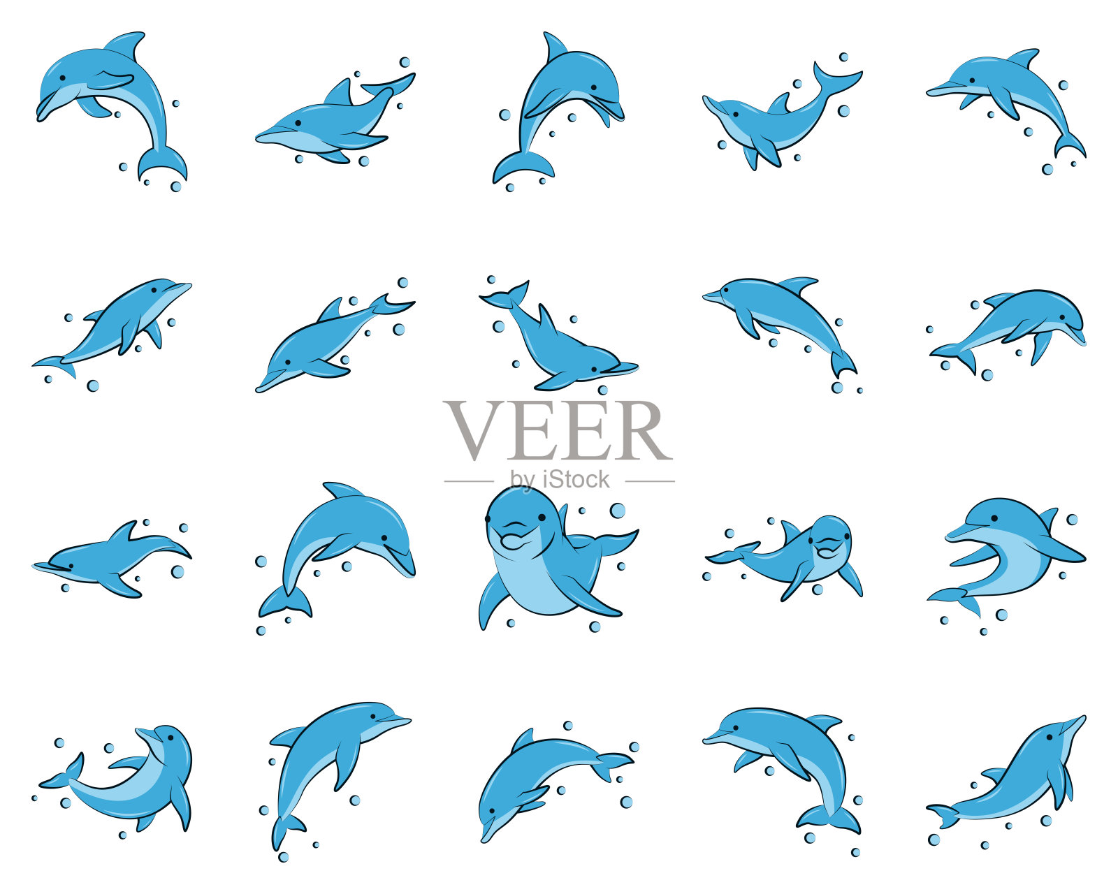 平坦的颜色向量插图图标组蓝色海豚设计元素图片