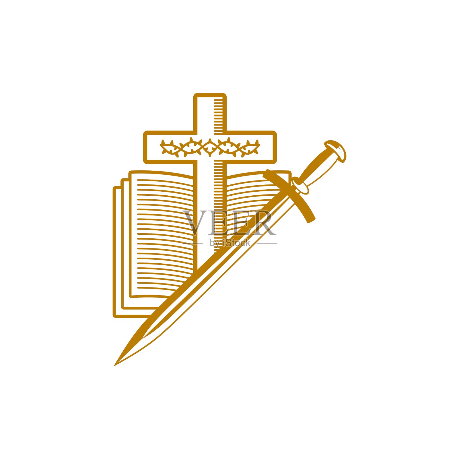 教堂的标志。基督教的象征。耶稣基督的十字架，圣经，荆棘的冠冕和剑。插画图片素材