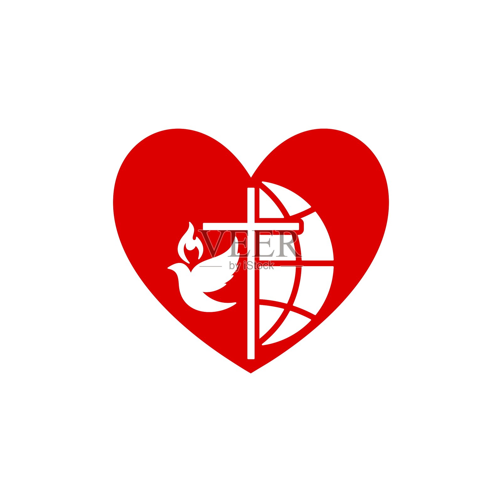 基督教会的标志。圣经的象征。地球仪，耶稣基督十字架和鸽子的背景心脏。插画图片素材