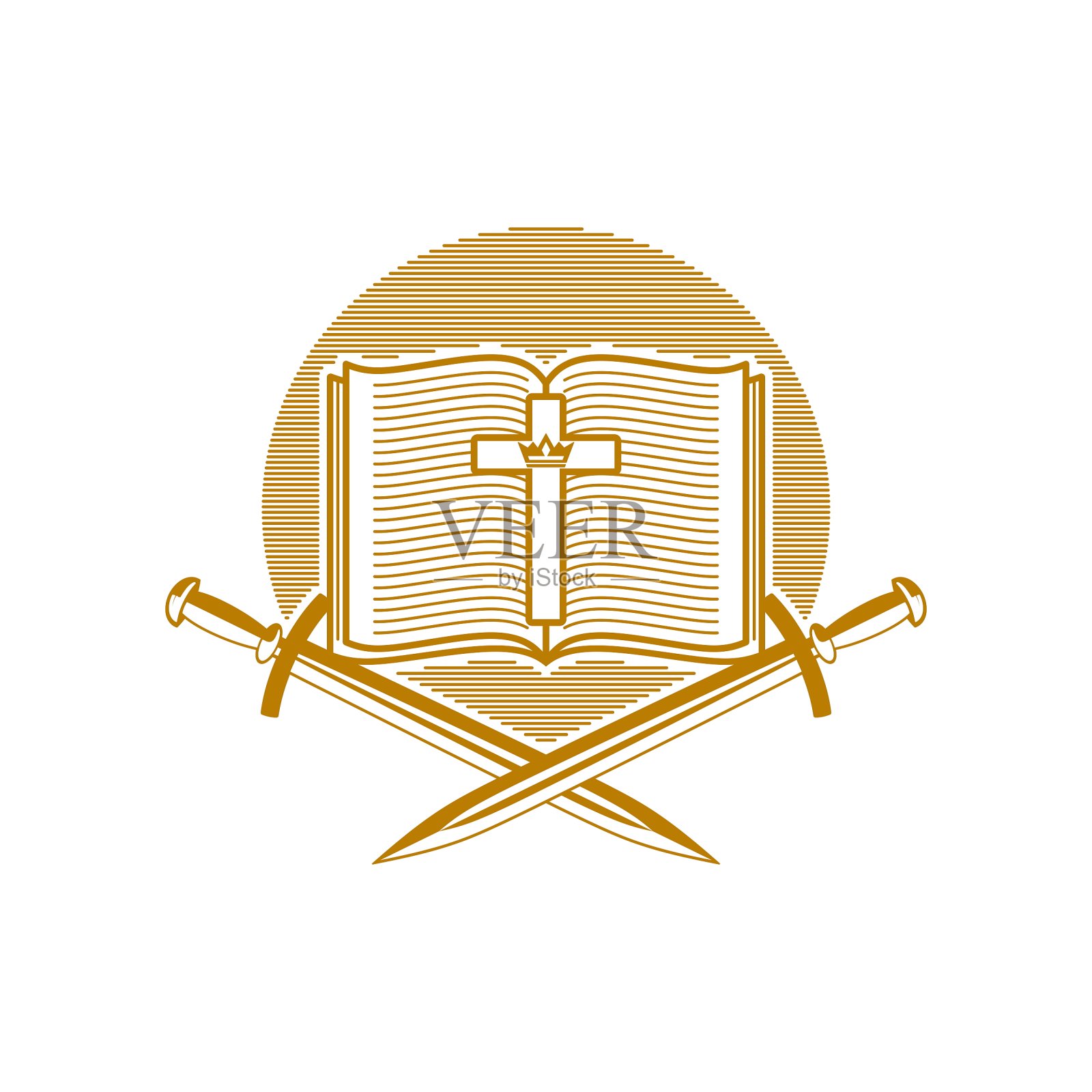 教堂的标志。基督教的象征。一本打开的圣经，耶稣基督的十字架和剑。插画图片素材