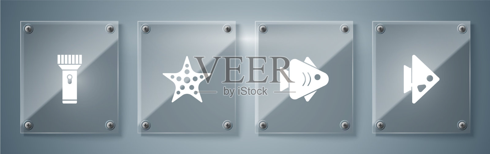 设置鱼、海星和手电筒的方形玻璃图标素材