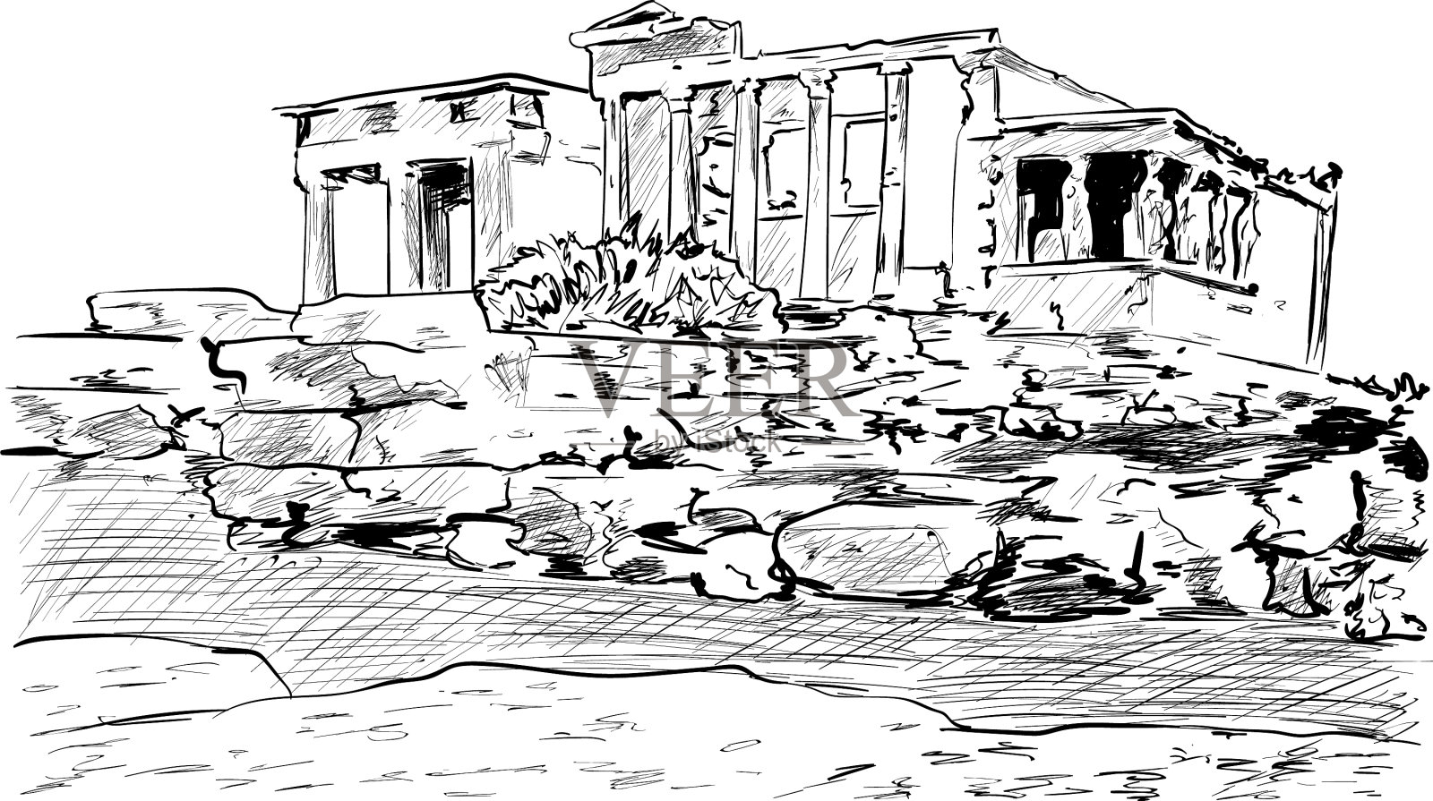 一幅古希腊神庙的素描插画图片素材