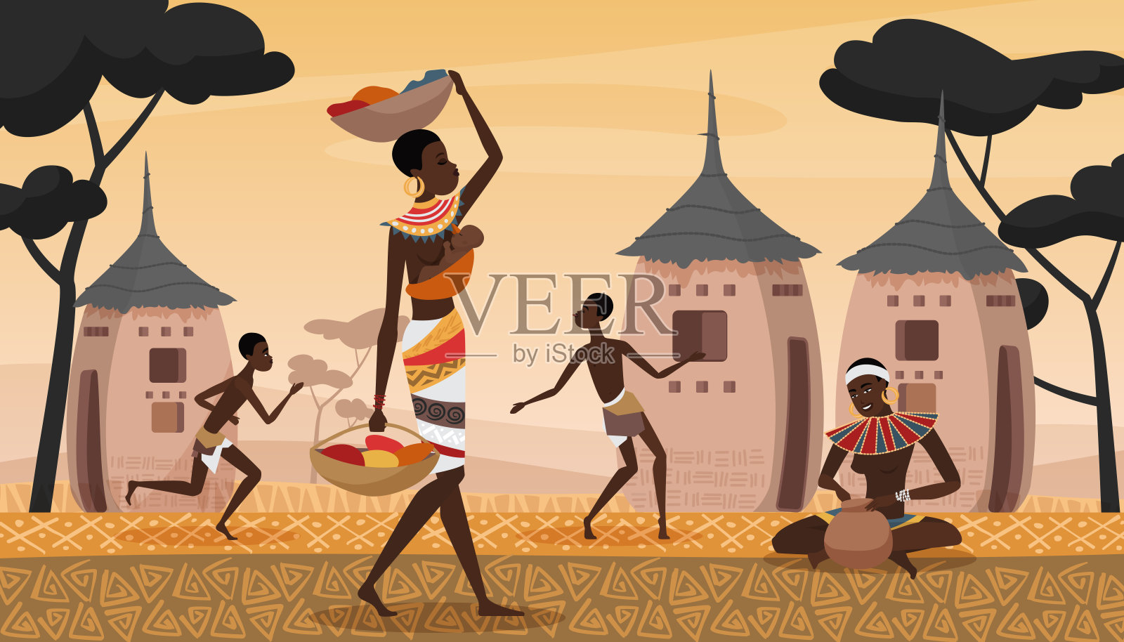 非洲村庄风景如画，身着传统部落服饰的年轻女子怀了孩子插画图片素材