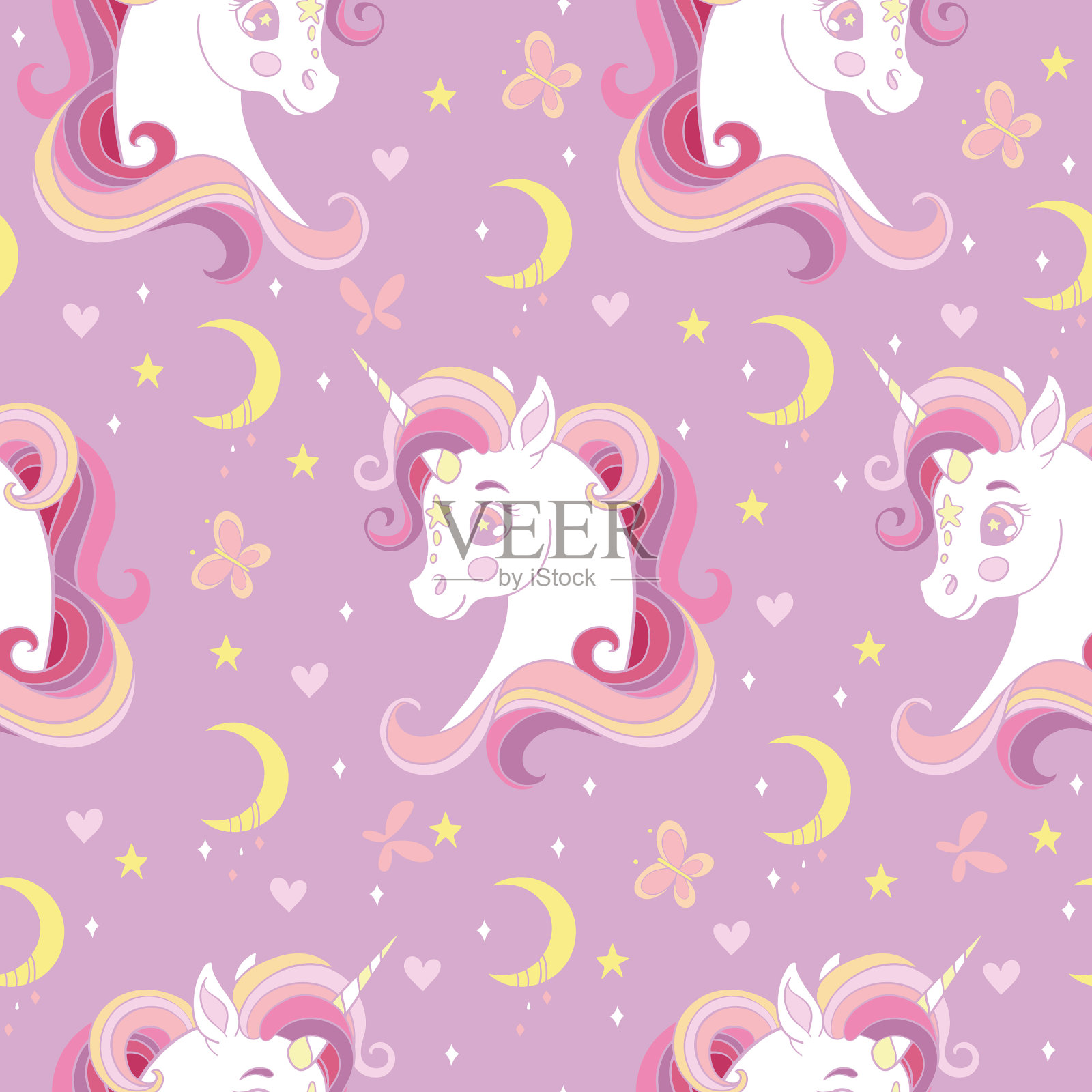 无缝图案头独角兽和月亮粉红色插画图片素材