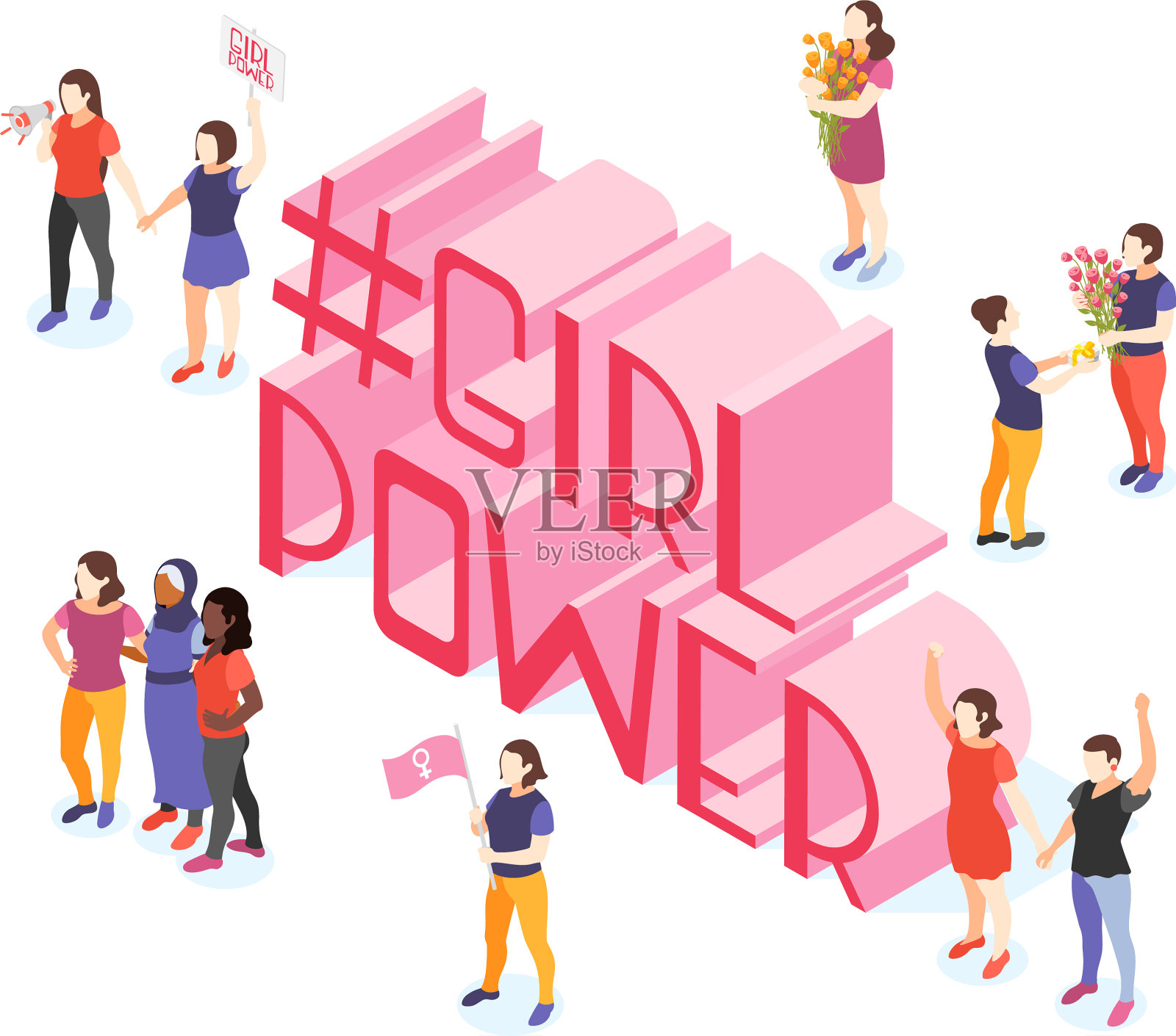女孩力量等距构成设计元素图片