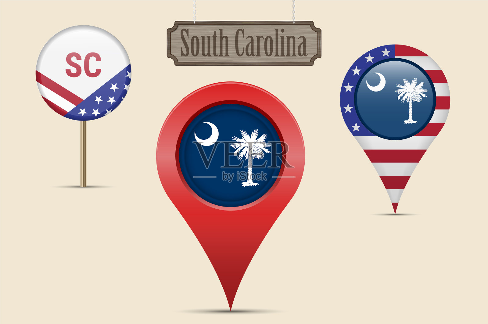 美国南卡罗莱纳州圆形旗地图大头针红色插画图片素材
