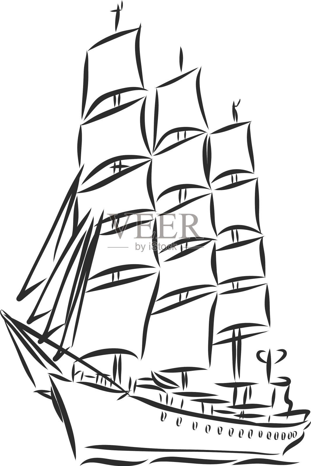 在墨线中航行的船只或海洋中的小船插画图片素材