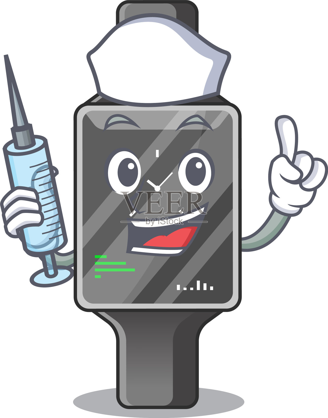 配有注射器的智能手表护士吉祥物设计元素图片