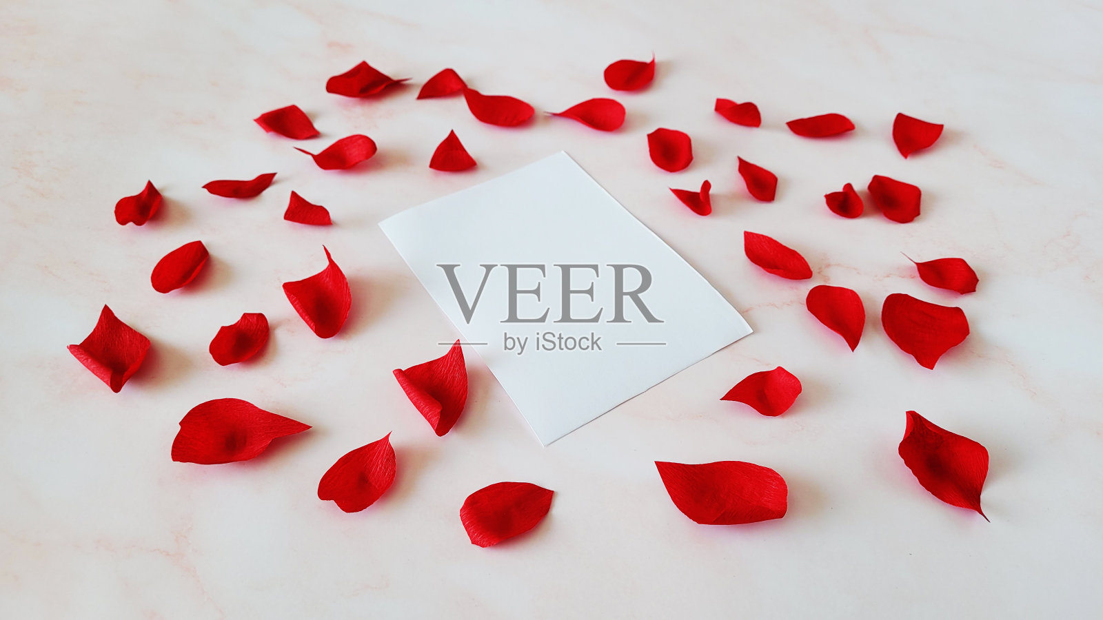 玫瑰花瓣散落在白色大理石背景上，情人节贺卡，玫瑰花瓣背景照片摄影图片