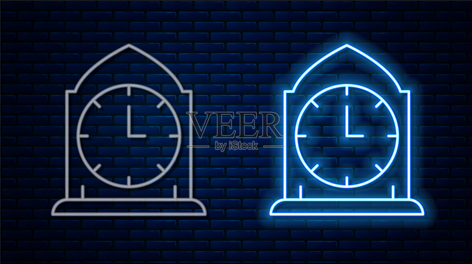 发光的霓虹灯线时钟图标隔离在砖块上插画图片素材