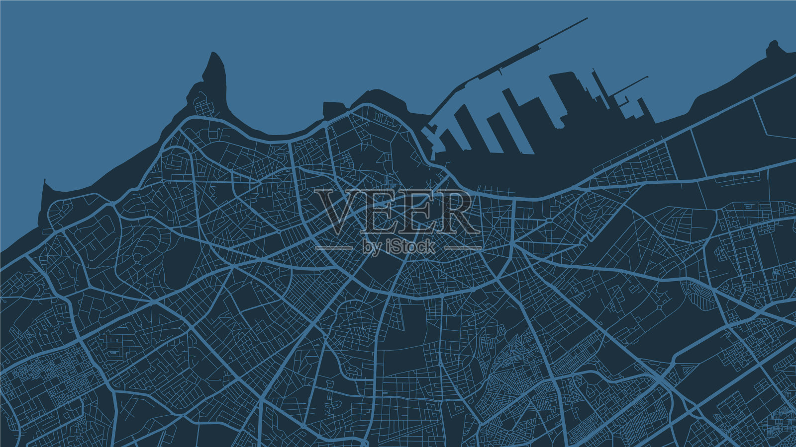 深蓝色背景地图卡萨布兰卡城区插画图片素材