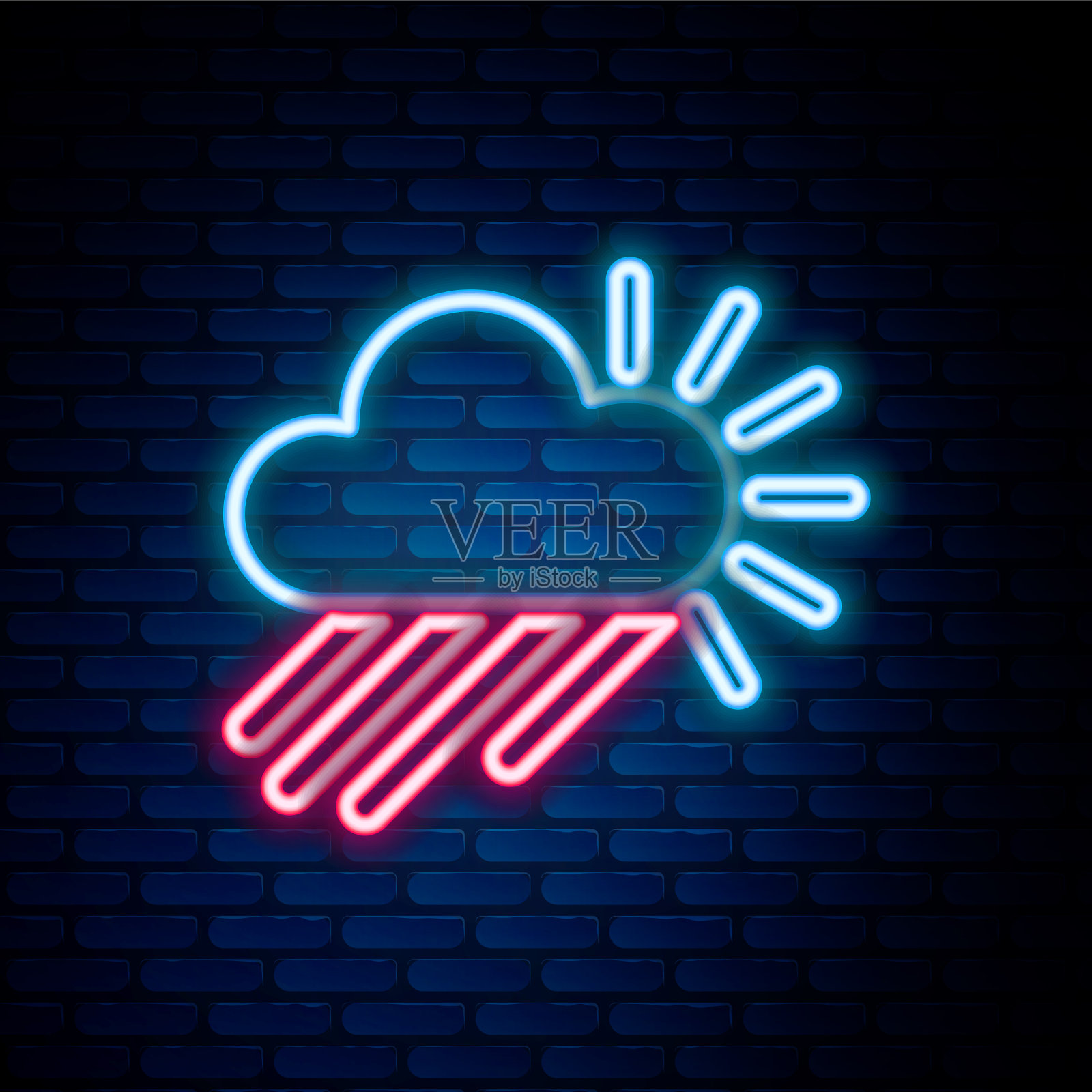 发光的霓虹灯线多云与雨和太阳图标插画图片素材