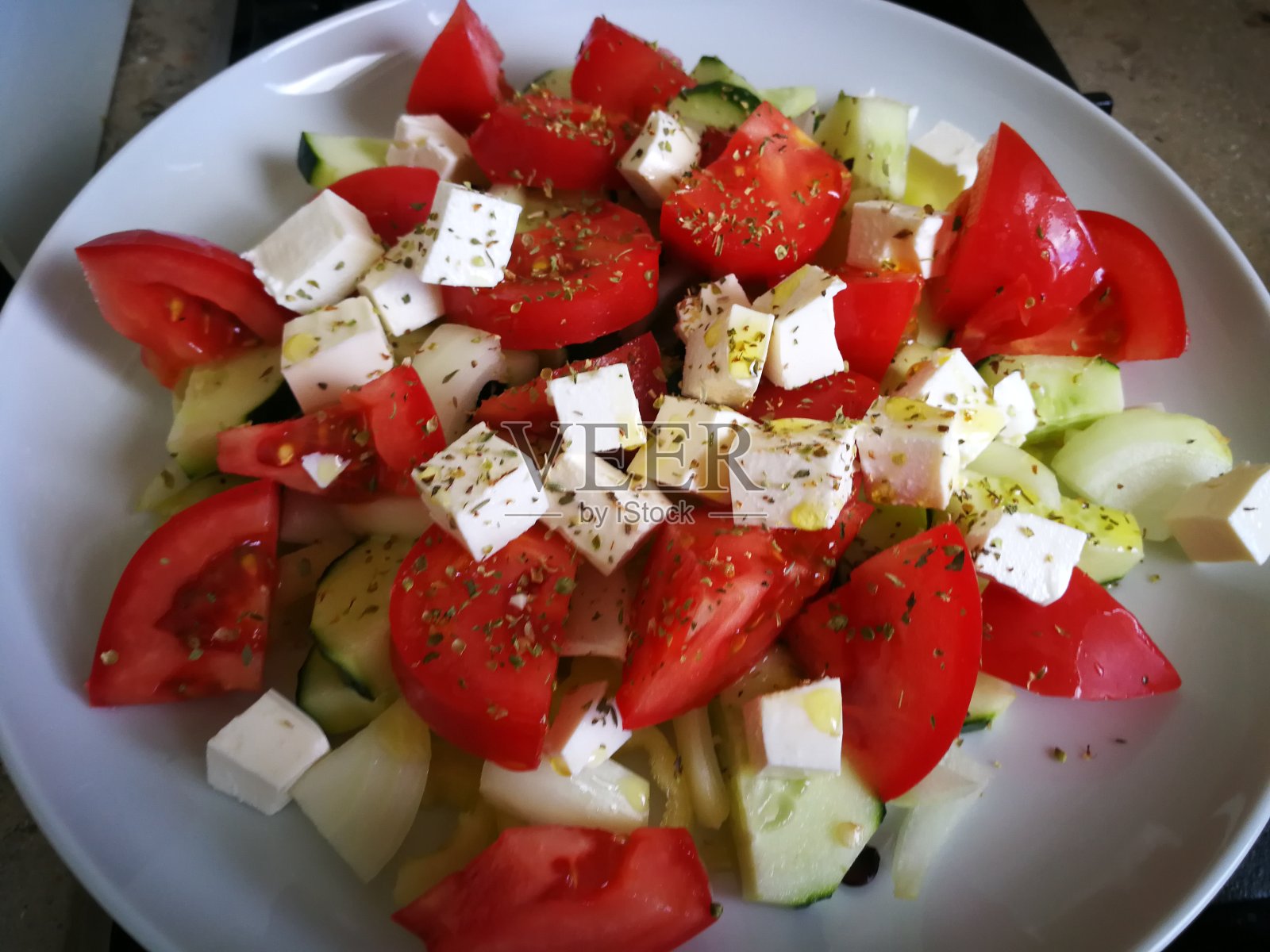 希腊新鲜蔬菜沙拉，特写照片摄影图片