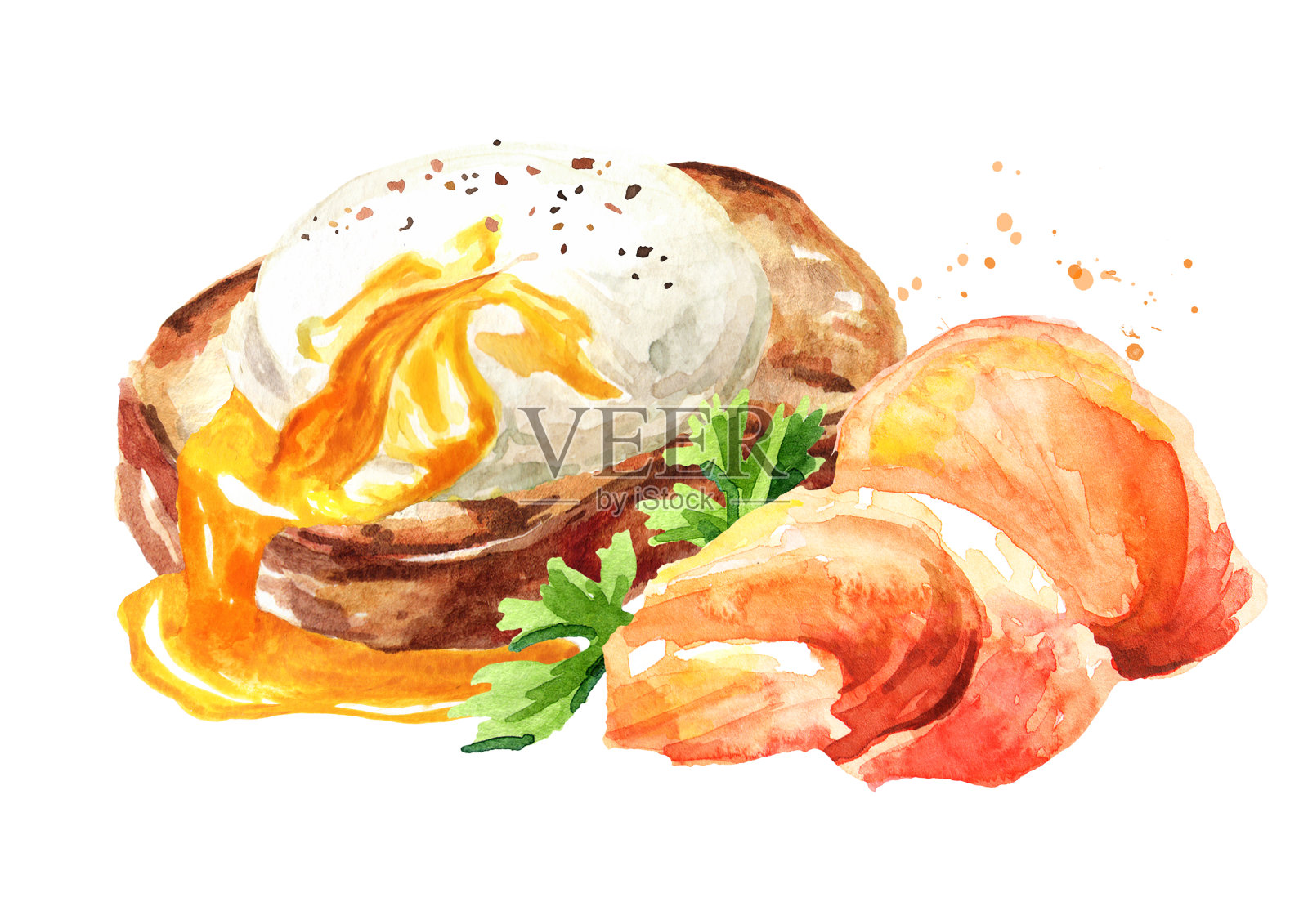 荷包蛋配吐司或炸面包和熏鲑鱼片。手绘水彩插图孤立的白色背景插画图片素材