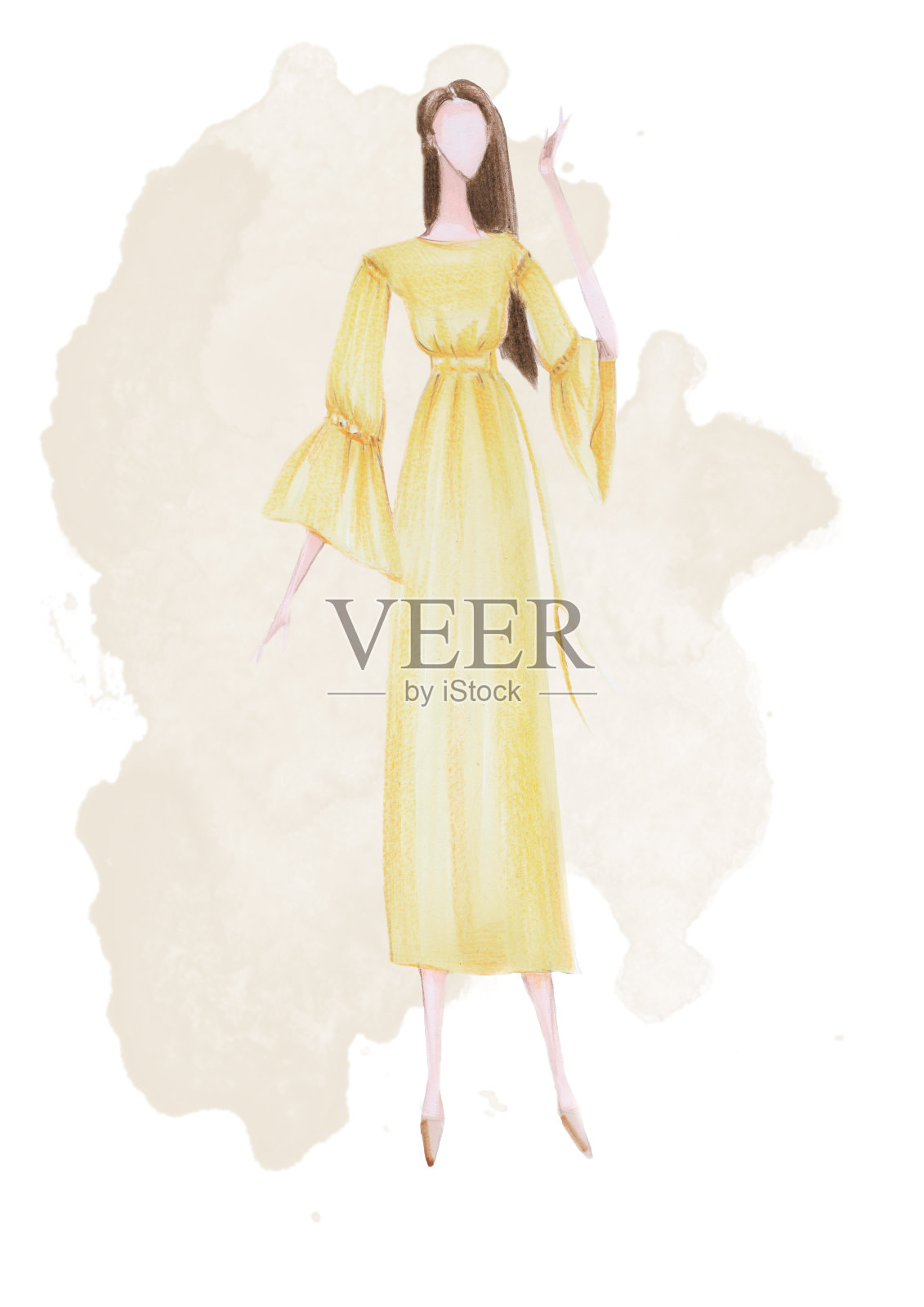 长棕色头发的女孩穿着复古的黄色服装时装插图手绘在黄色的背景插画图片素材