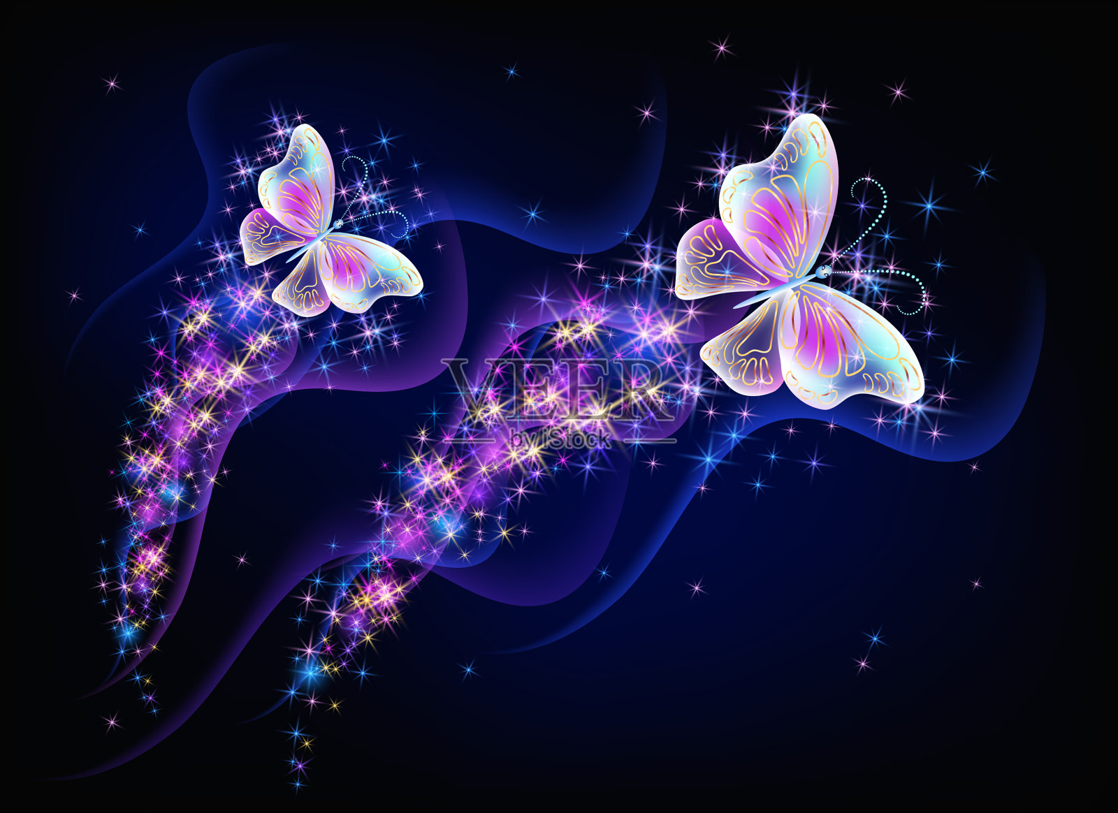 神奇的两只闪闪发光的蝴蝶插画图片素材