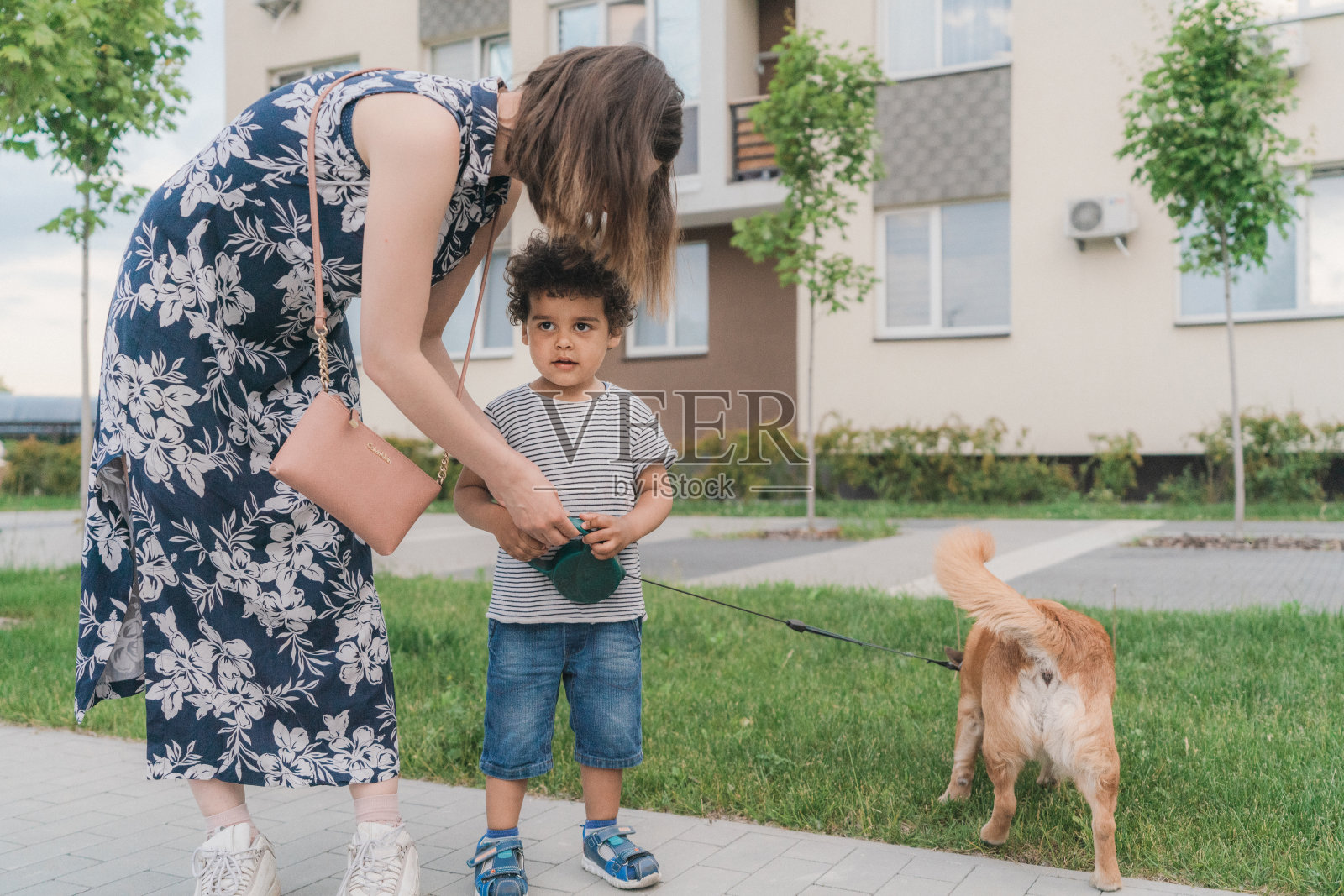 母亲带着3岁的儿子在外面遛狗照片摄影图片
