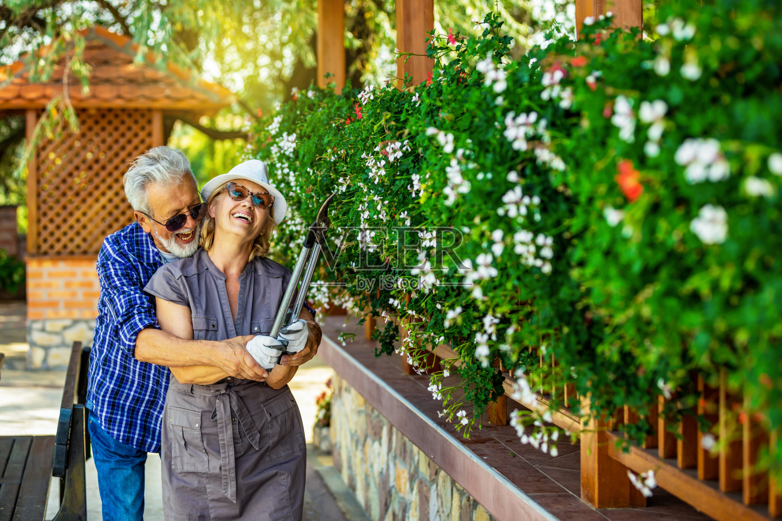 相爱的老夫妇喜欢园艺。照片摄影图片