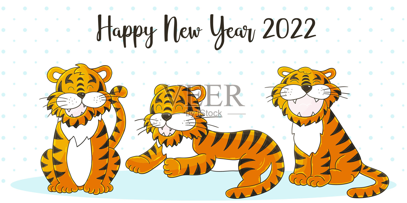 2022年的象征。新年矢量贺卡在手绘风格。新年。三个老虎。卡通插图插画图片素材