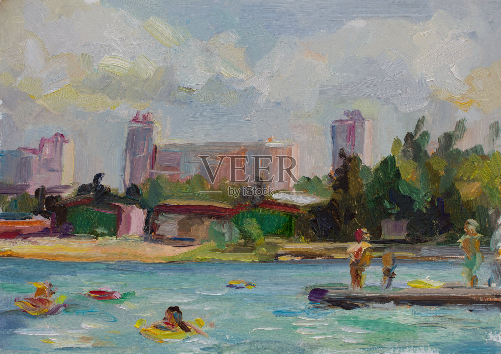 海滩海洋油画。速写。插画图片素材