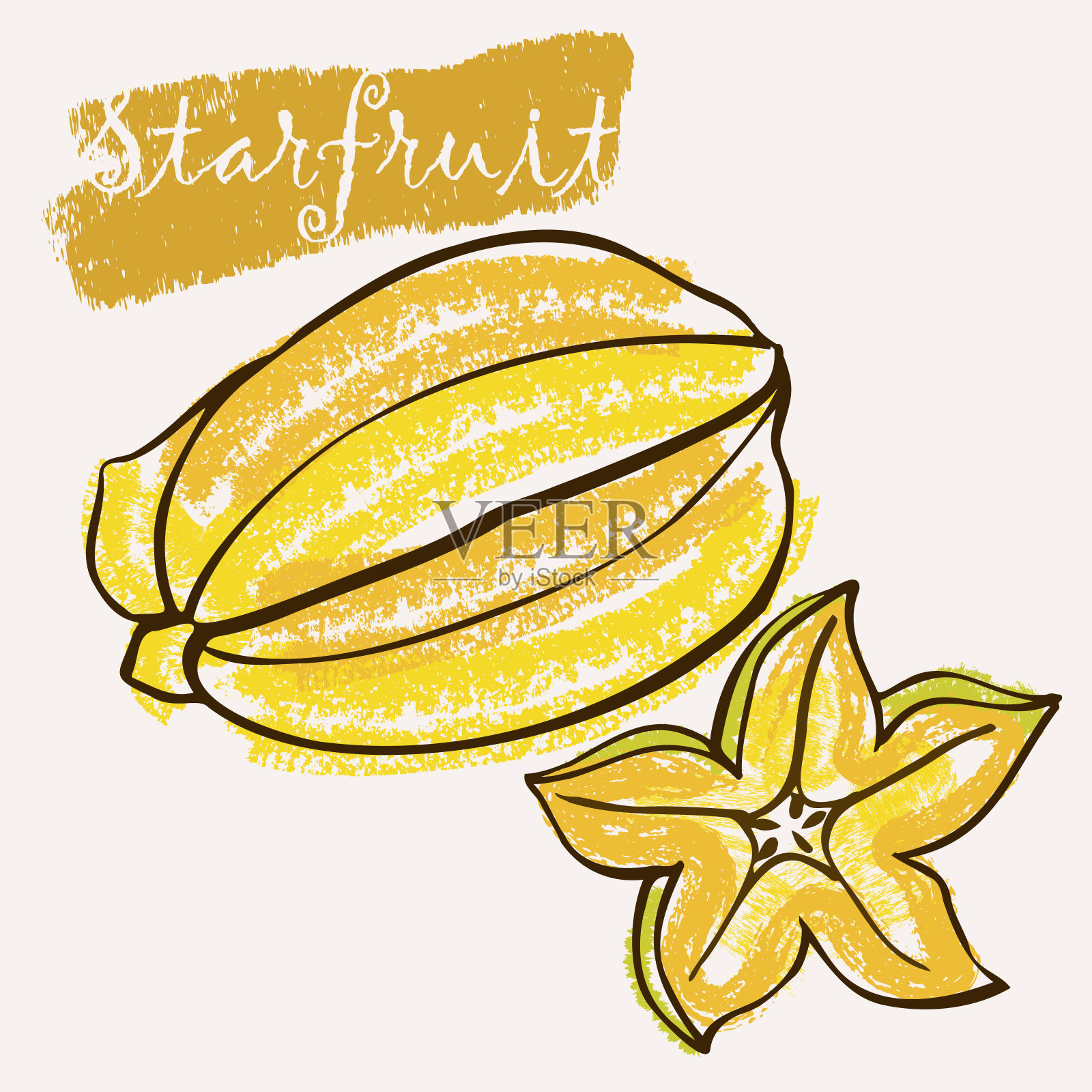 杨桃线艺术和彩色手绘矢量插图。粗糙的蜡笔在一个表达松散的涂色书风格涂鸦插画图片素材