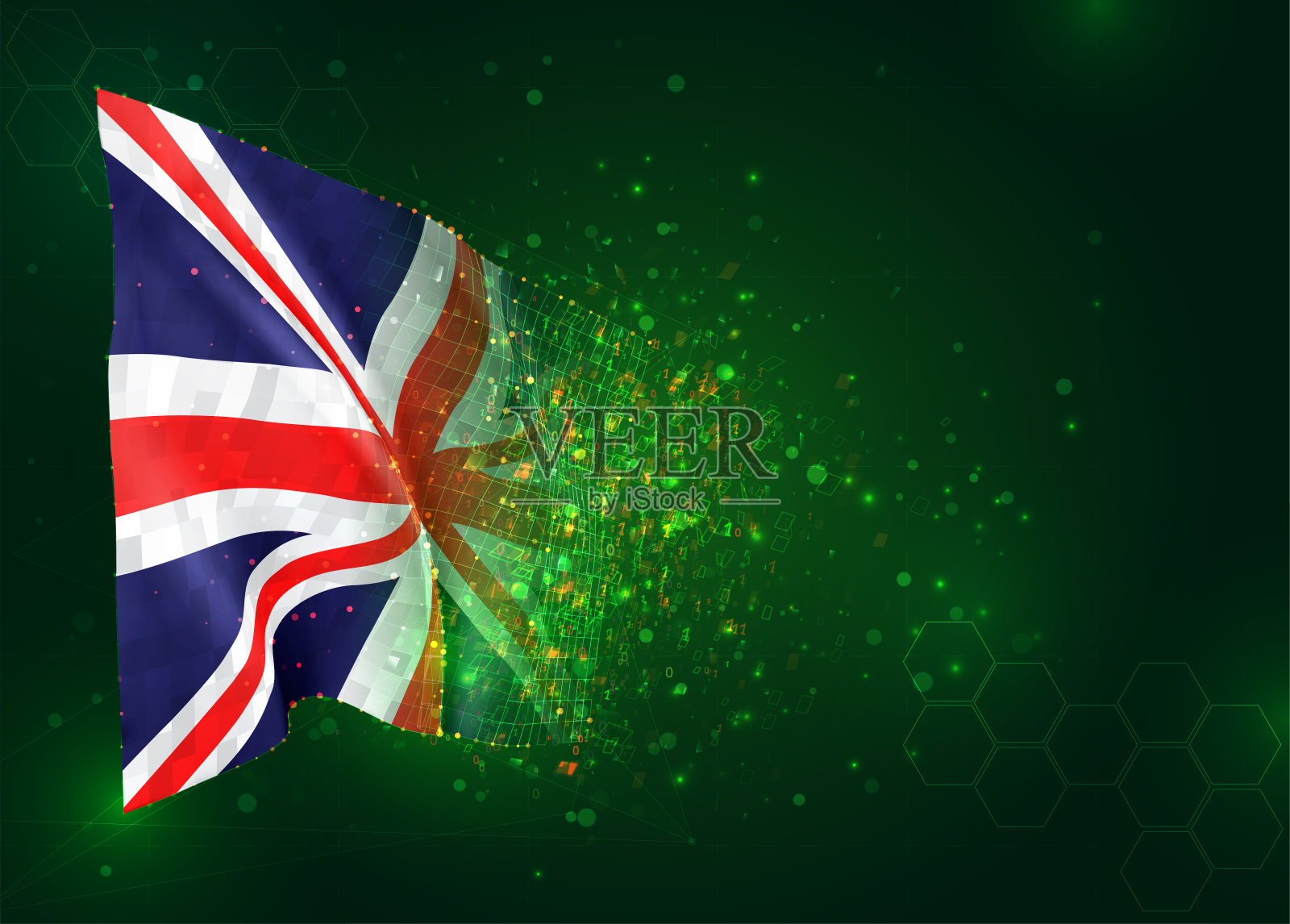 英格兰，绿色背景上的矢量3d旗帜，带有多边形和数据数字插画图片素材