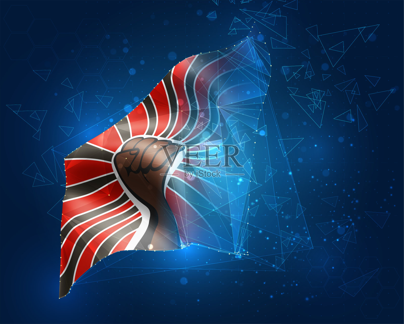 黑色生命物质，矢量旗，虚拟抽象的三维物体从三角形多边形在一个蓝色的背景插画图片素材