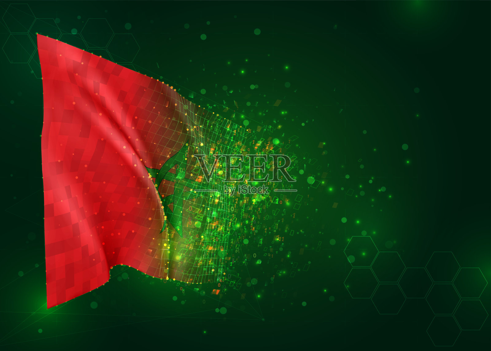 摩洛哥，绿色背景上的矢量3d旗帜与多边形和数据数字插画图片素材