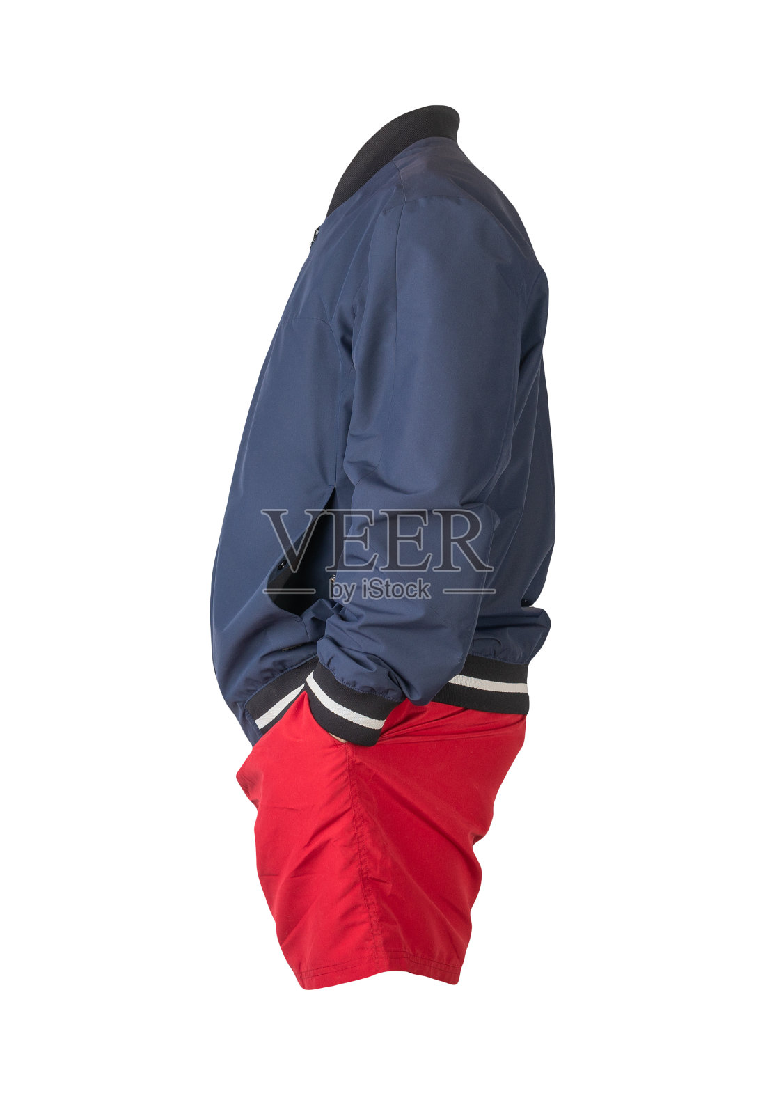 男子飞行员夹克运动短裤孤立的白色背景。时尚的休闲装照片摄影图片