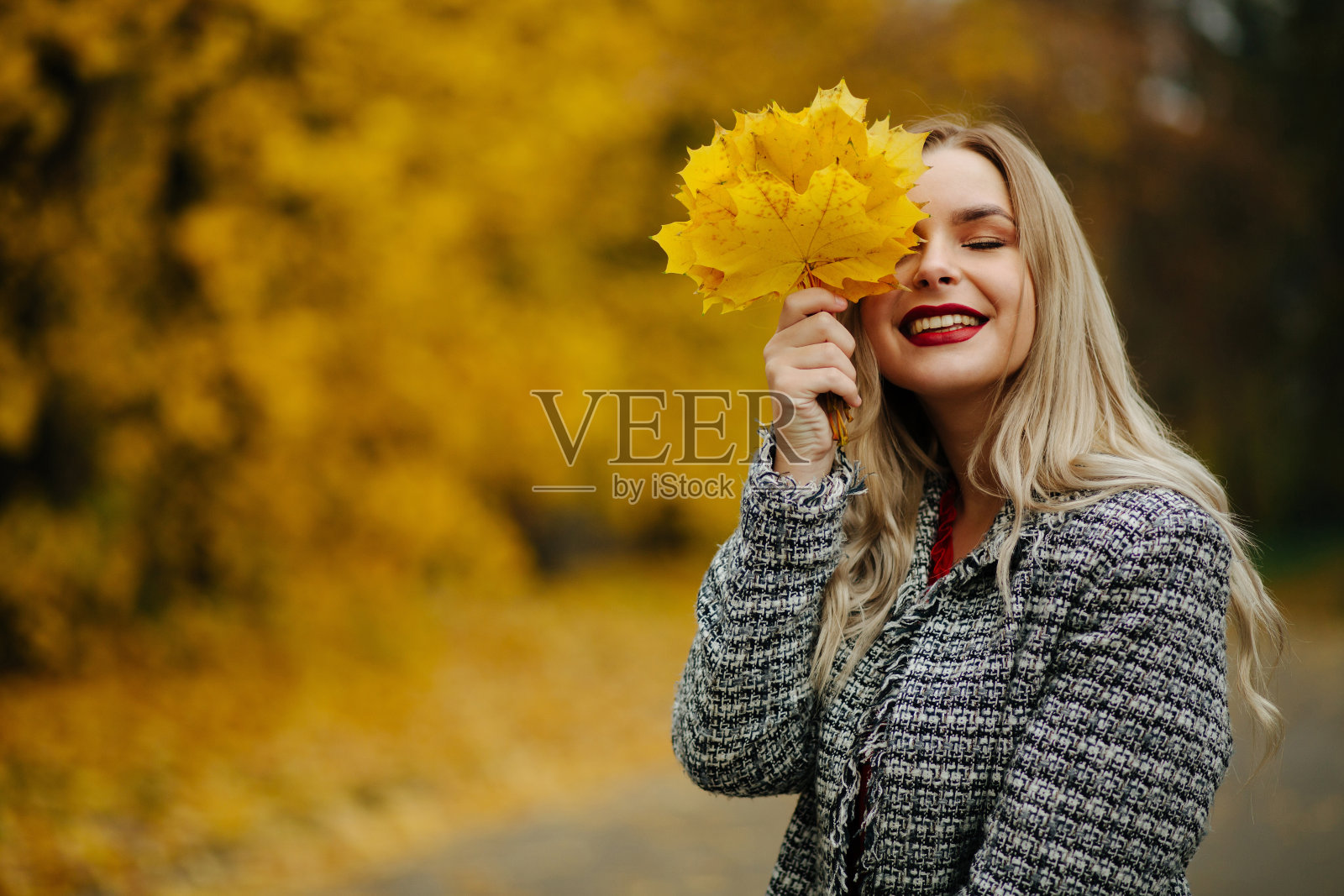 可爱的金发模特在秋天的外套拿着秋天的黄色枫叶。空的空间照片摄影图片