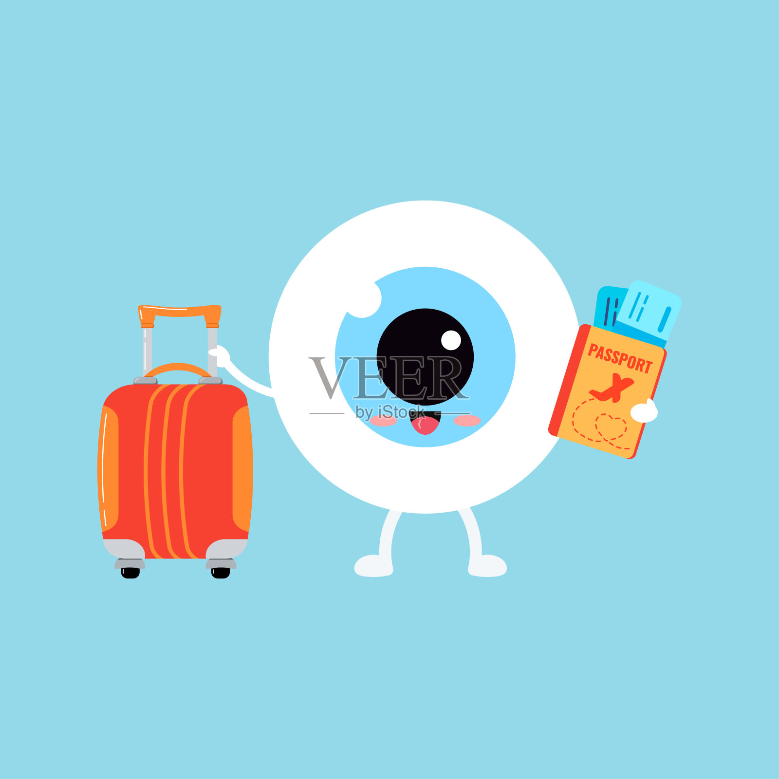 可爱的眼球表情包，手提箱和护照与机票隔离。插画图片素材