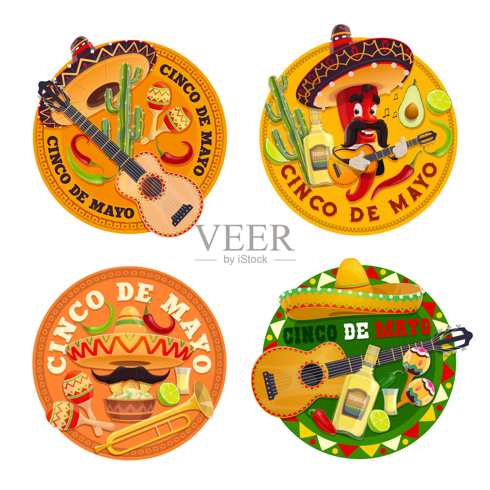 cinco de mayo墨西哥节日辣椒和帽子插画图片素材