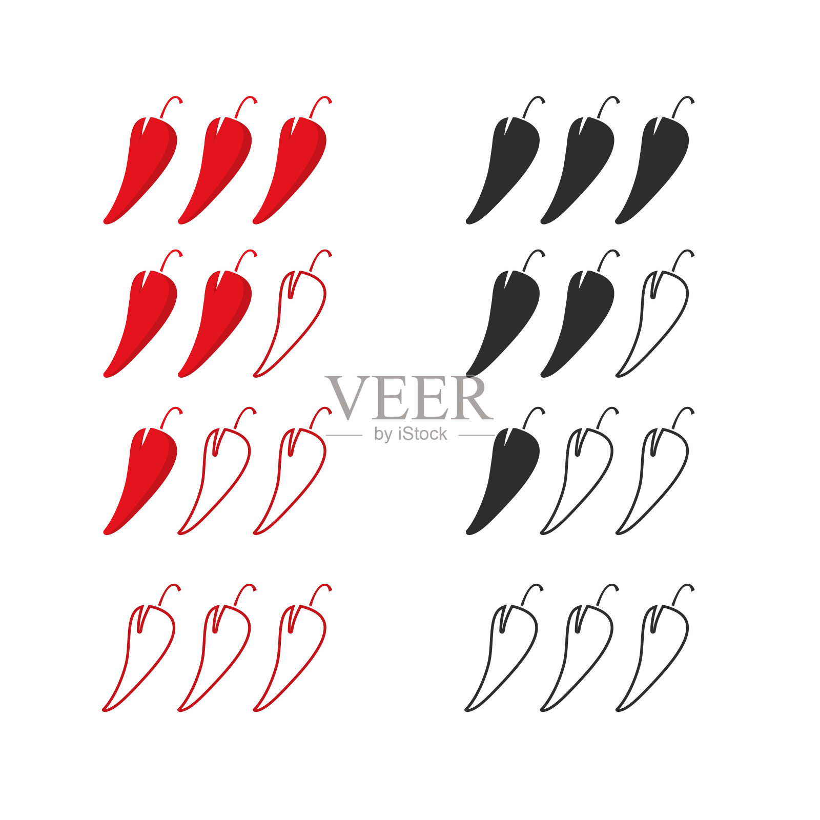 辣水平的辣椒度图标矢量孤立，温和和特别辣的食物或餐酱标签剪贴插画图片素材