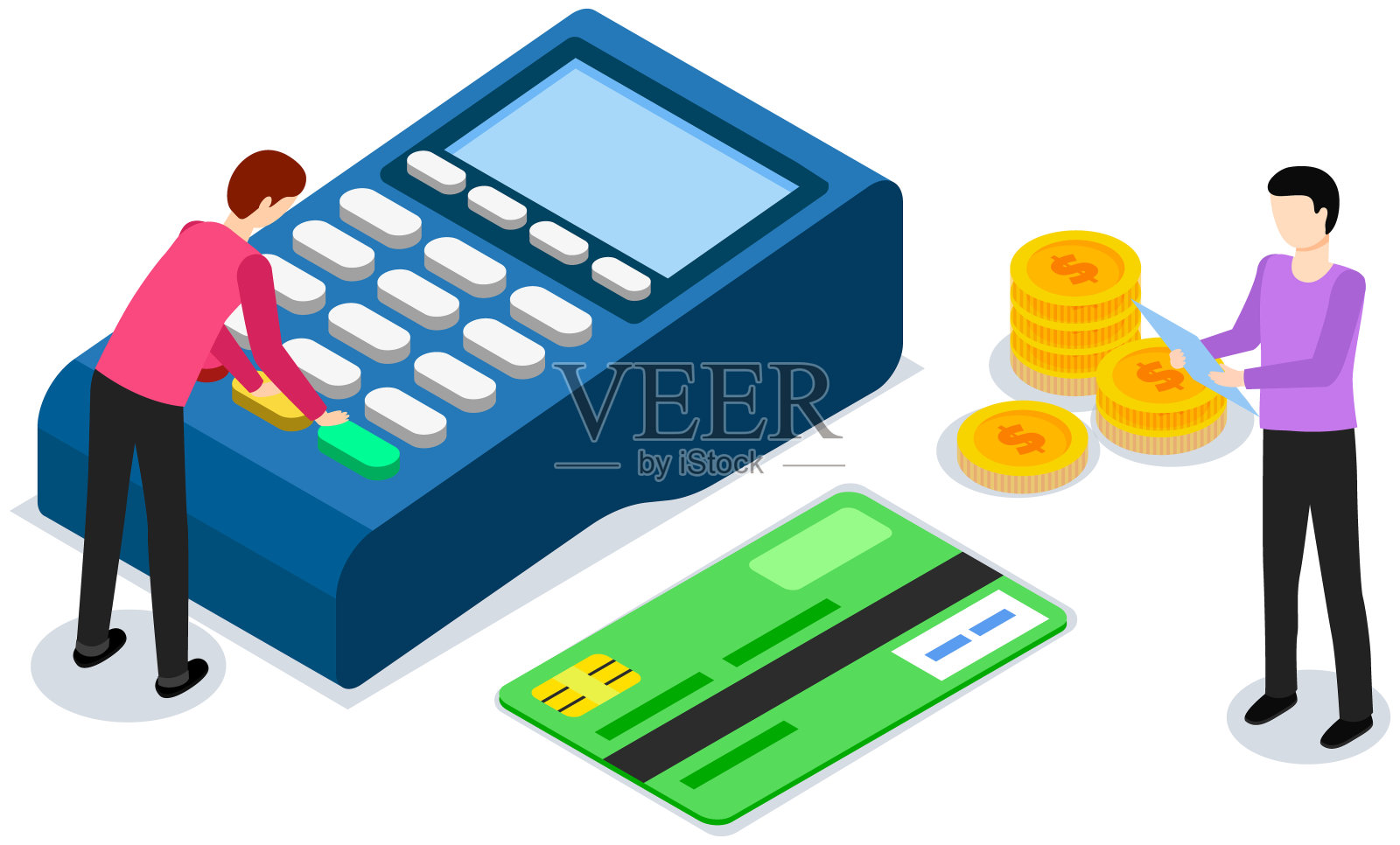 大型支付终端，卡通男性角色从卡上输入密码。网上交易的概念插画图片素材