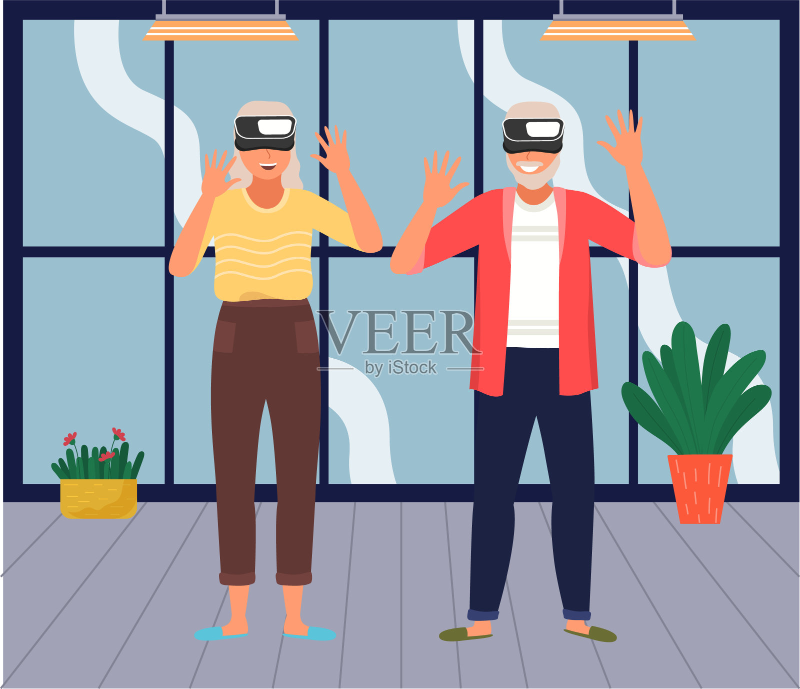 老年人玩电子游戏。拥有不同工具的资深人士。老年教育的电脑插画图片素材