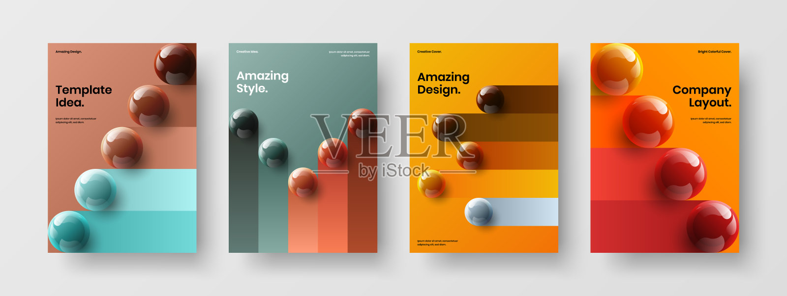 时尚的3D球体小册子布局收集。创意海报设计矢量模板组成。插画图片素材