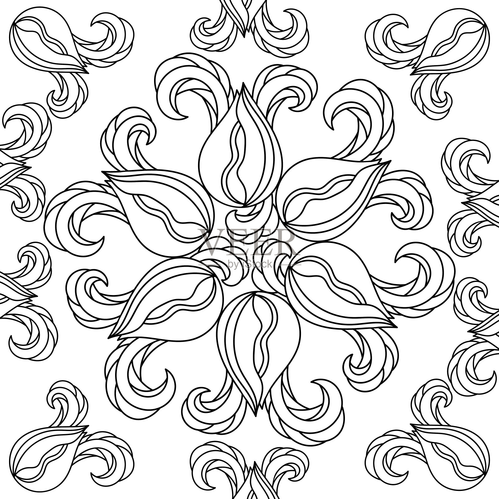 成人及年龄稍大的儿童涂色书。带有曼荼罗的方形装饰性花卉元素。手绘矢量插图的白色背景。插画图片素材