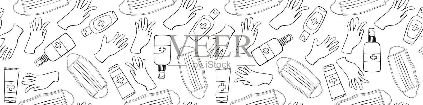 与医疗个人防护设备的冠状病毒无缝模式。口罩，消毒剂，手套。矢量轮廓背景和纹理在平面涂鸦风格孤立插画图片素材